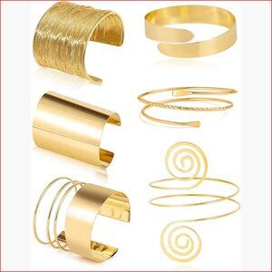 Gold Plated Adjustable Upper Arm Cuff Bracelet Set - 6 Pieces Minimalist Bangle